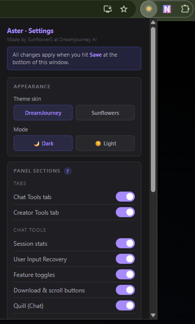 Settings panel