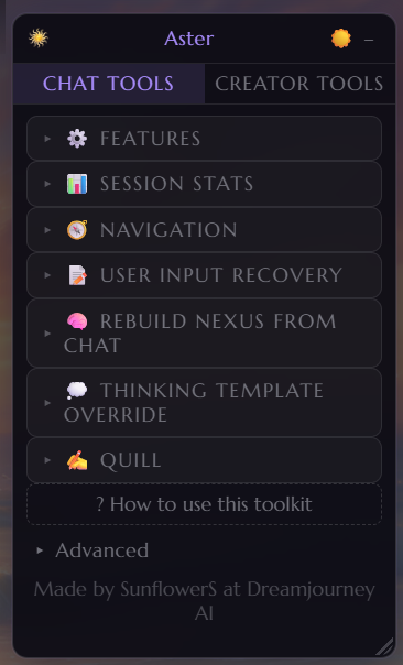 Aster Chat Tools panel