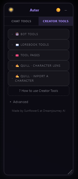 Aster Creator Tools panel
