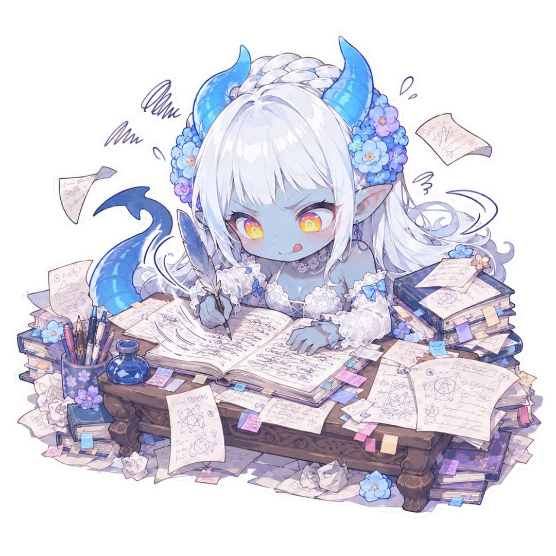 A chibi dragon girl writing notes at a desk piled with books