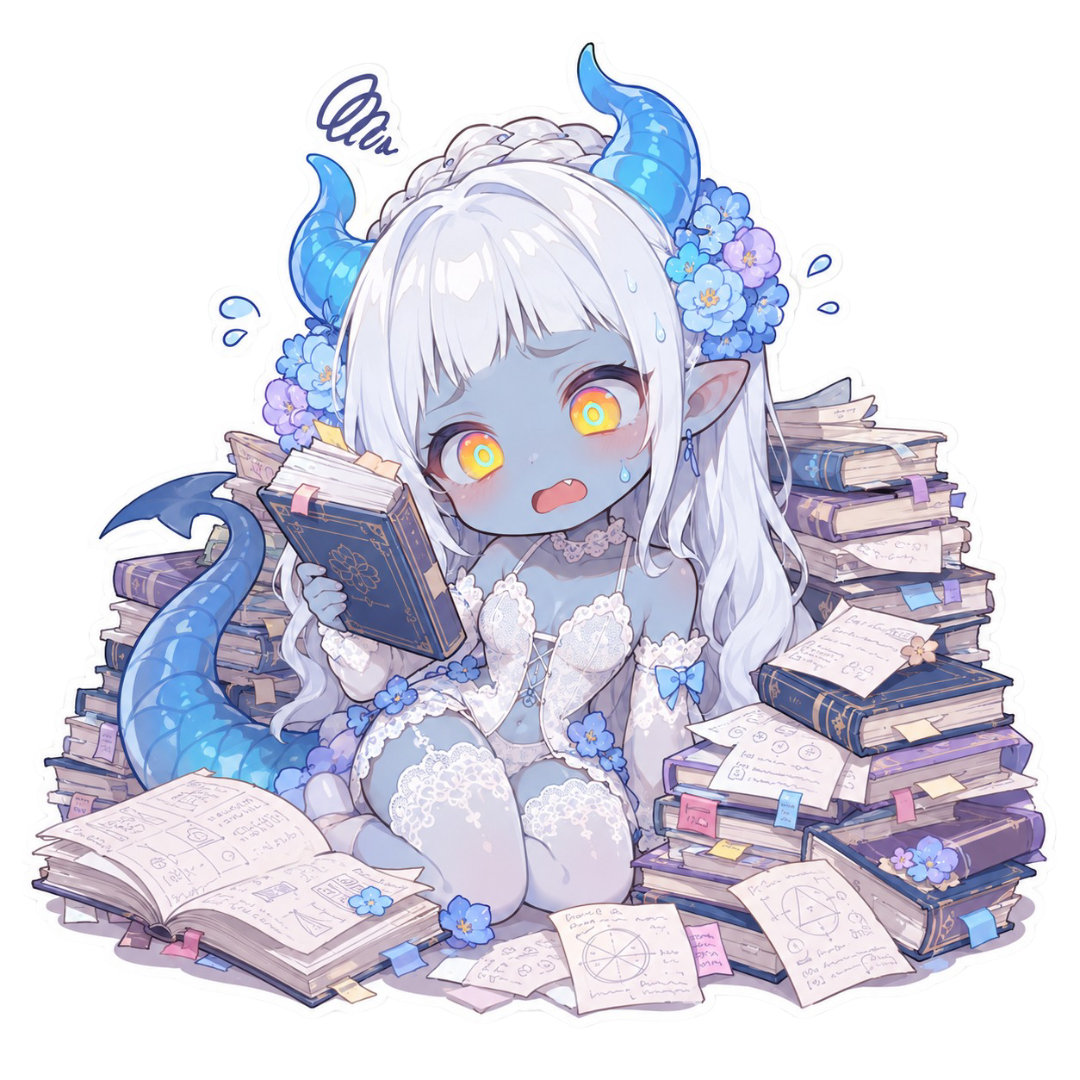 A chibi dragon girl surrounded by lorebooks and notes